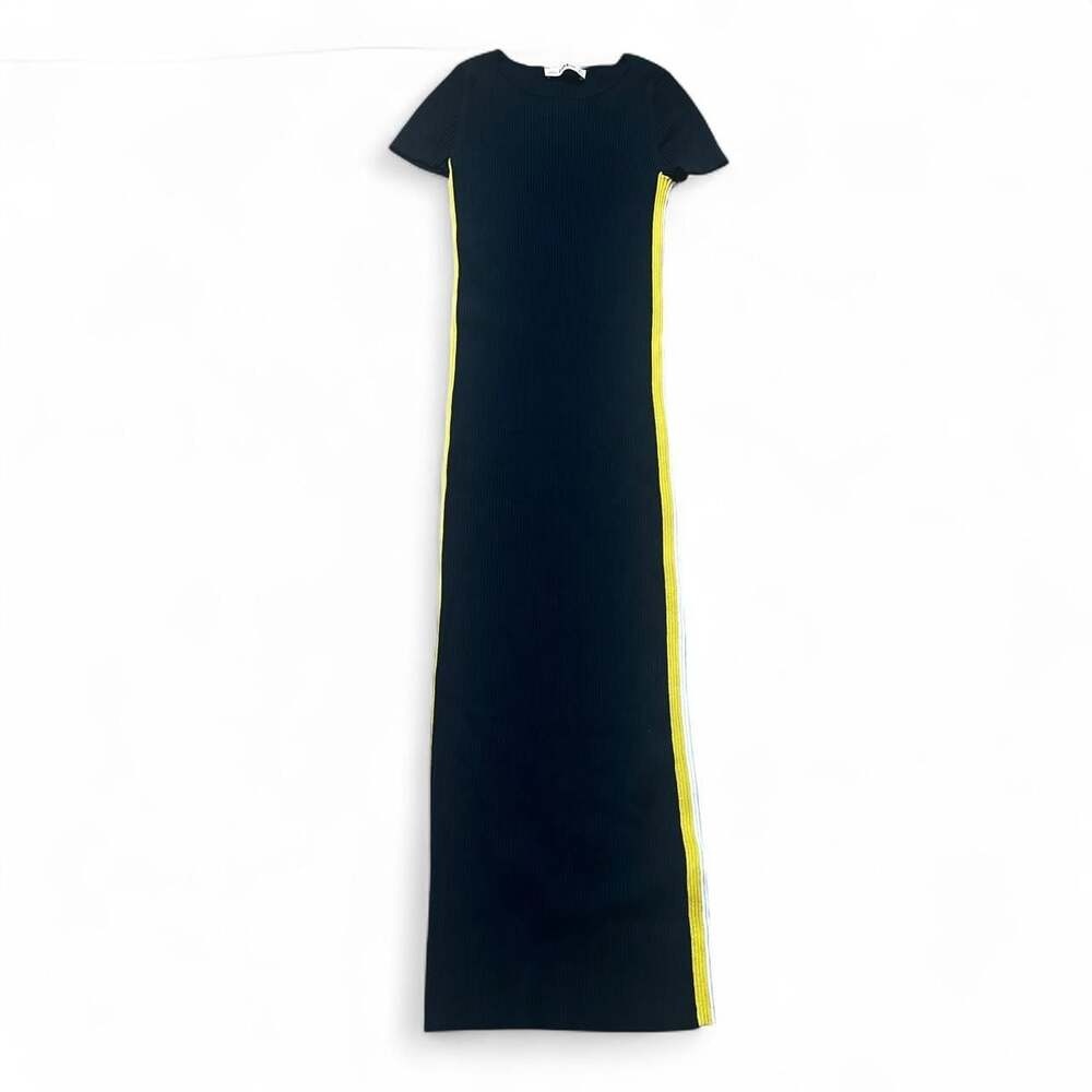 Zara Knit Ribbed Maxi Dress Navy Blue Yellow White Side Stripe Size M